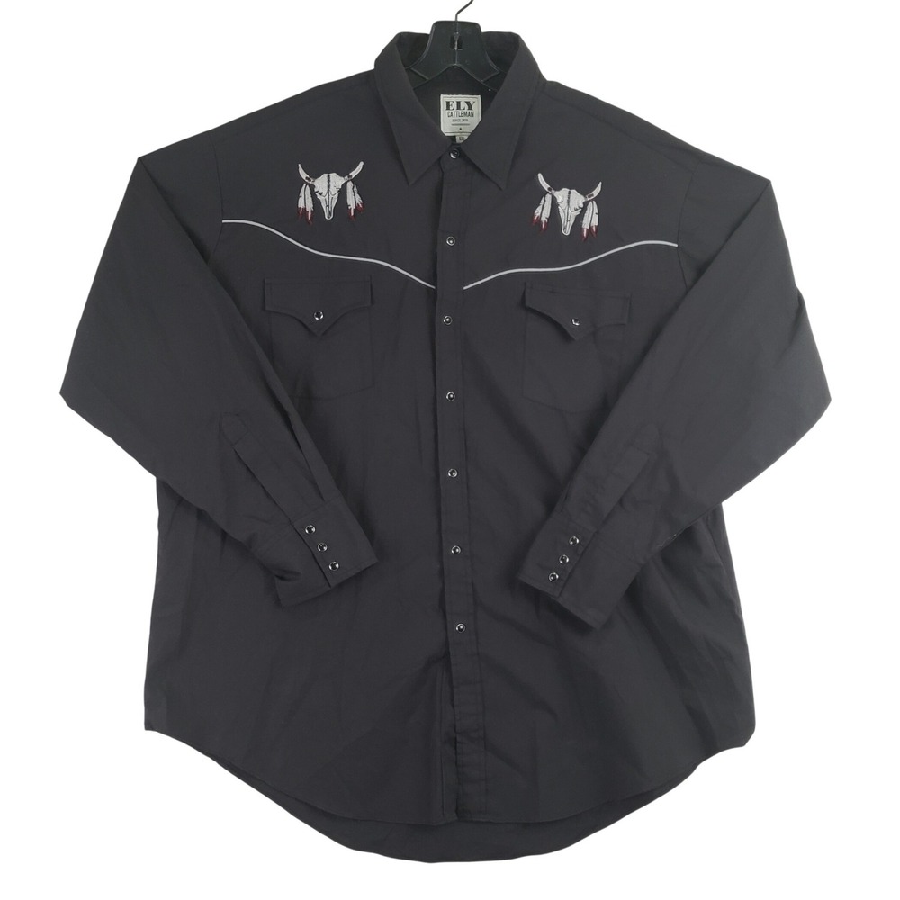 Ely Cattleman Embroidered Western Shirt Mens XXL Black Bull Skull Cowboy Snaps